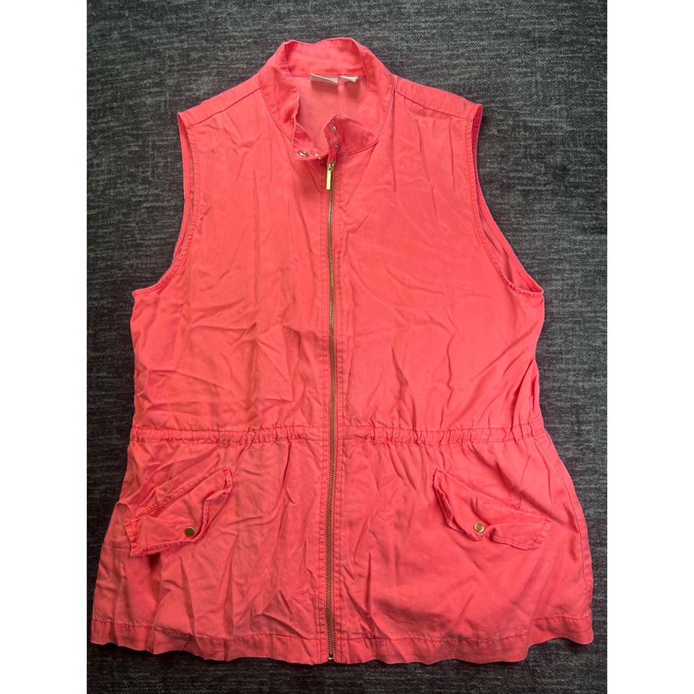 Chico's Utility Vest Womens 2 Coral Pink Full Zip Cinched Waist Flap Pockets